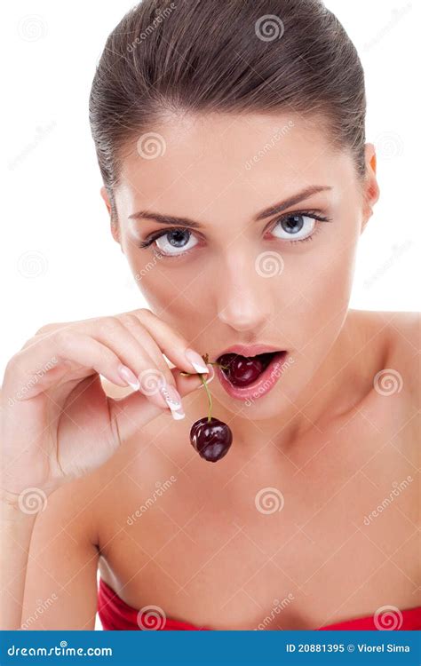 Woman Eating Cherry Stock Image Image Of Girl Foundation 20881395