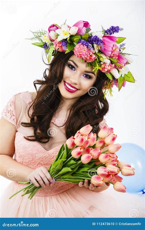 Beauty Woman With Spring Flower Bouquet Beautiful Girl With A B Stock