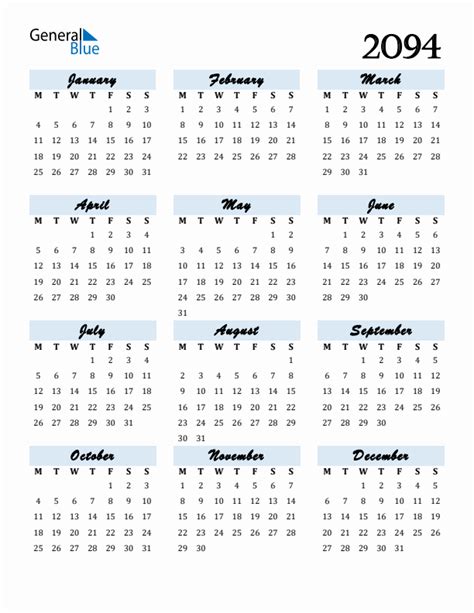2094 Calendar With Monday Start