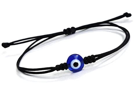 Male Glass Stone And Thread Light Blue Evil Eye Black Cord Bracelet At