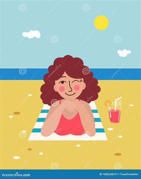 Cute Girl Lying On The Towel Beach And Sunbathing Vector Illustration 188224874