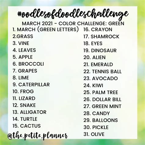 March Drawing Challenge 2021 Color Green Theme With Printable