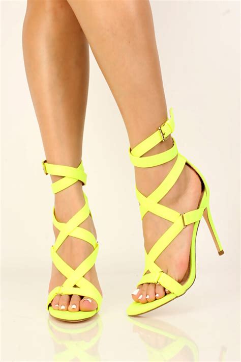 Neon Yellow Lycra Knit Criss Cross Strappy High Heels Women Of Edm