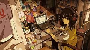 Brunette, Original, Characters, Computer, Anime, Looking, At
