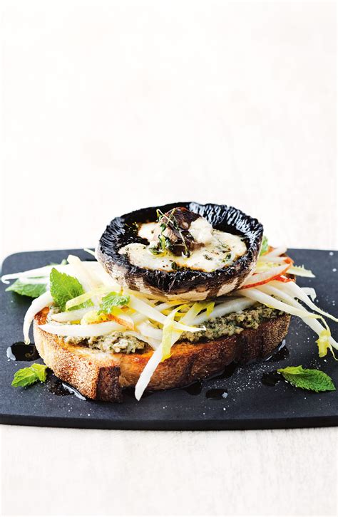 Roast Mushroom And Blue Cheese Tartine With Pear Witlof Salad