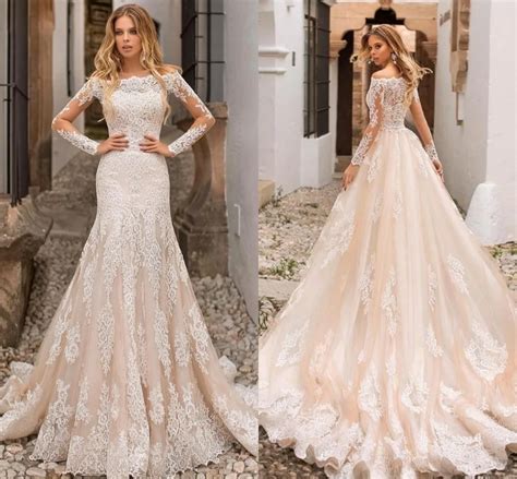 2019 Champagne Mermaid Wedding Dresses Off Shoulder Lace Appliques Sheer Long Sleeves Tulle Long