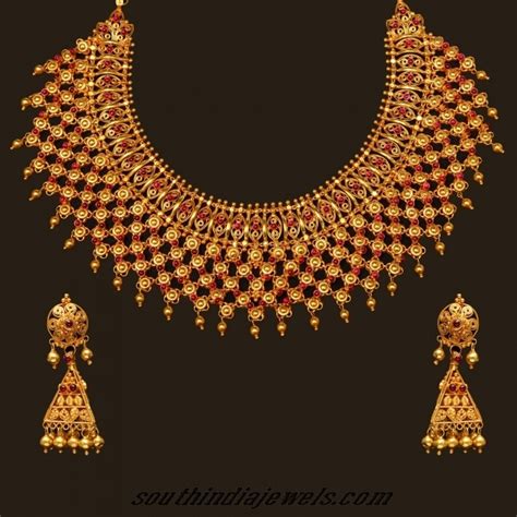 22 Karat Gold Choker Necklace Set With Earrings South India Jewels