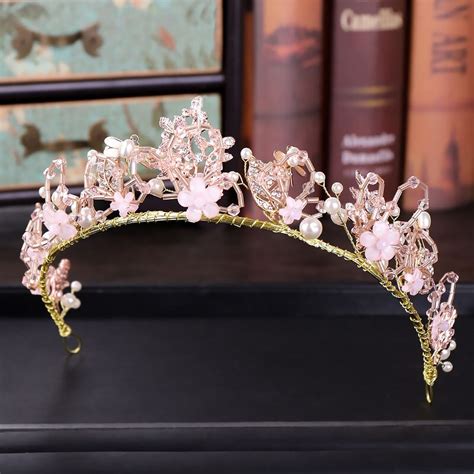 Pink Clear Rhinestone Beaded Diadem Simulated Pearl Crystal Handmade Crown And Tiaras Bridal
