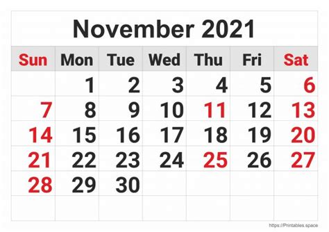 November 2021 Monthly Calendar Free Printables