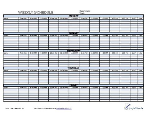 Employee work schedule template under fontanacountryinn com. Weekly Schedule Template - Printable Form in PDF Format