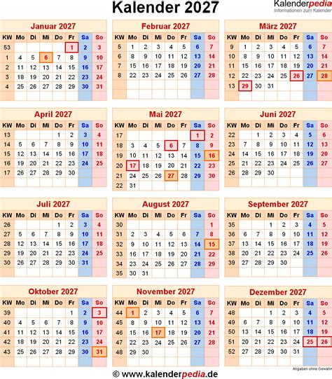 Kalender 2027 Mit Feiertagen Und Kalenderwochen