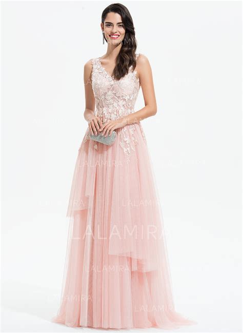 A Line V Neck Sweep Train Tulle Prom Dresses With Lace Lalamira