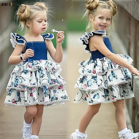 Flower Printed Dresses For Kids Girls Flutter Sleeve Princess Party