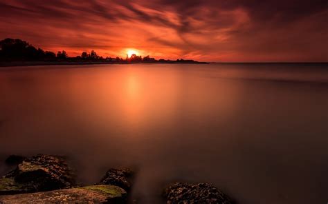 Sea Sunset Rocks Trees Clouds Nature Landscape Photography Wallpaper