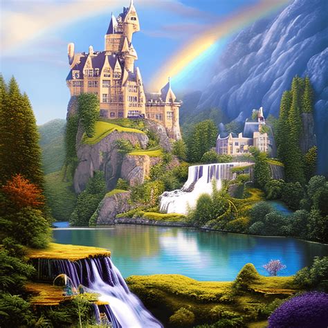 Fantasy Castle Scenic Waterfall Painting · Creative Fabrica