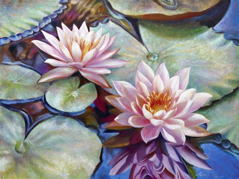 Twin Water Lilies And Reflection Painting By Nancy Tilles