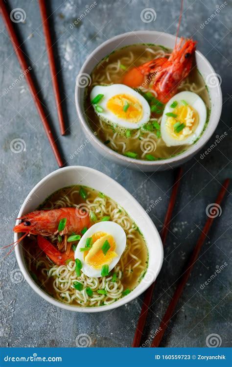 Shrimp Ramen Soup In Ceramic Bowl Stock Image Image Of Vegetable Food 160559723