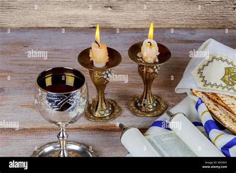 Shabbat Shalom Traditional Jewish Sabbath Ritual Matzah And Wine
