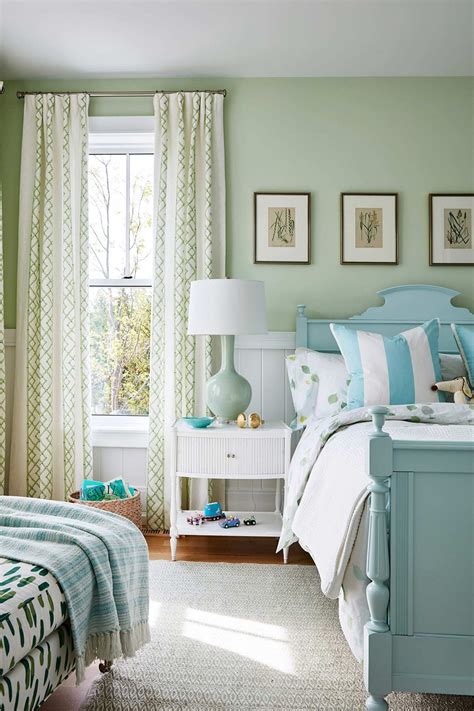 Pastel blue walls and white molding create a wonderful backdrop for the pops of blue and lime green within the furniture curtains bedding and accent pillows. Get the Look! Sarah Richardson {Green Bedroom} | Green ...
