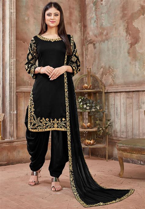 Buy Embroidered Art Silk Punjabi Suit In Black Online Kch3650 Utsav Fashion