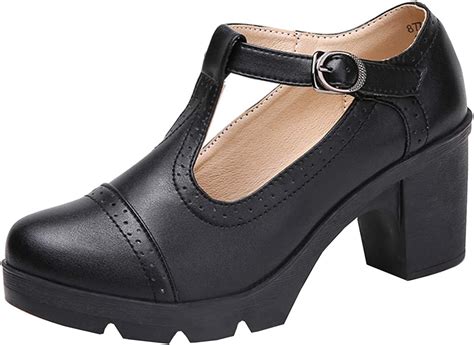 dadawen women s leather classic t strap platform chunky mid heel square toe oxfords