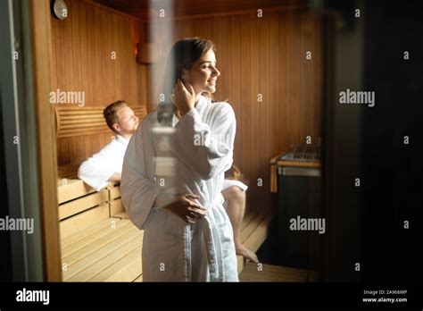 Happy Couple Having A Steam Bath In A Sauna Stock Photo Alamy