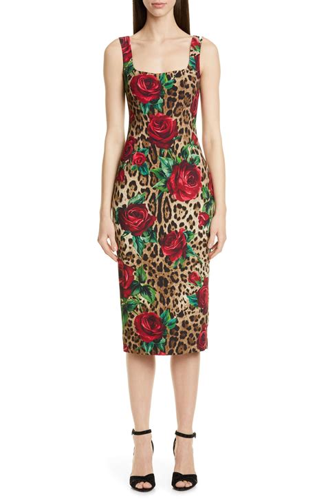 Dolce Gabbana Embellished Rose Leopard Print Cady Pencil Dress