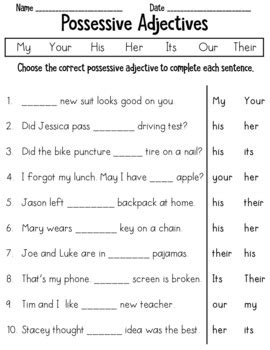 Possessive Adjectives Worksheet Grade