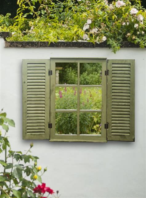 Wooden Garden Mirror Glass With Shutters Outdoor Illusion