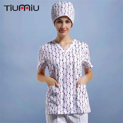 Printed V Neck Scrub Sets High Quality Short Sleeved Doctor Nurse Uniforms Summer Hospital