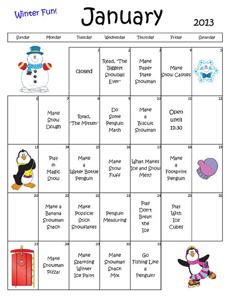 The Thoughtful Spot Day Care January Calendar