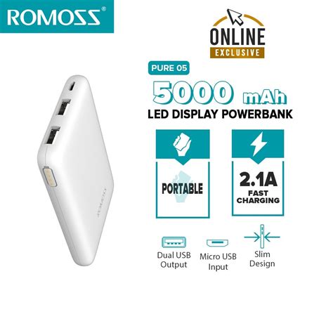 Romoss Pure 05 5000 Mah Mini Power Bank 21a Portable Charging Bank