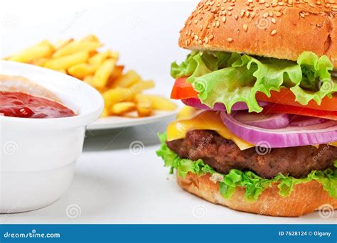 Big Hamburger With French Fries Stock Photo Image Of Color Green
