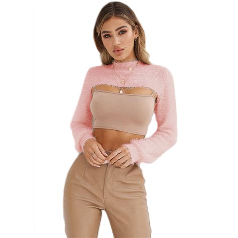 Women Sweater Cropped Pullover Crop Top Sexy Solid Pink Sweater Long