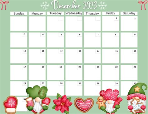 December 2023 Calendar Winter 2023 Christmas Xmas Gnome Cookies