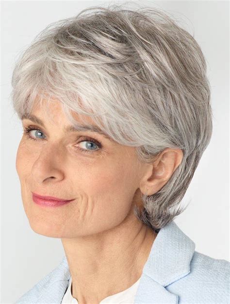 This short cut, with hair brushed forward toward the forehead, is one example of a sleek short haircut for gray hair that is highly popular for mature women. Designed Lace Front Short Grey Wigs | Short grey hair ...