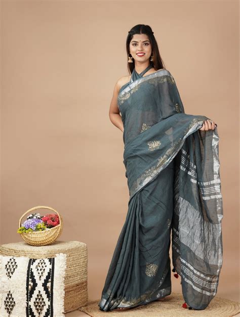 shivanya handicrafts women s linen hand block printed saree with blouse piece cl 050 at rs 650