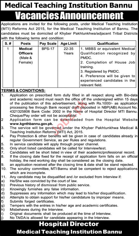 Medical Teaching Institution Mti Job In Bannu Kpk Job