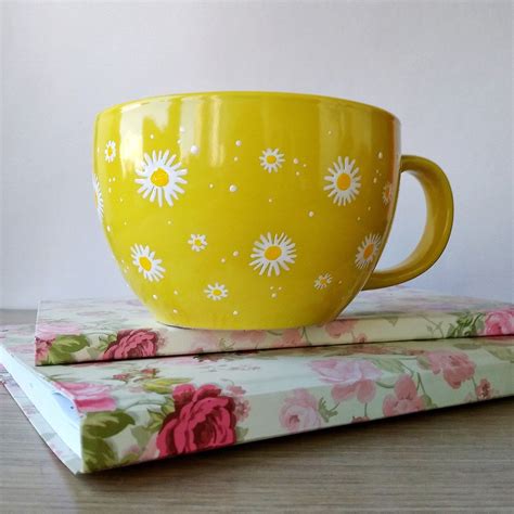Jumbo Ceramic Coffee Mug Yellow With White Daisies Painted Coffee