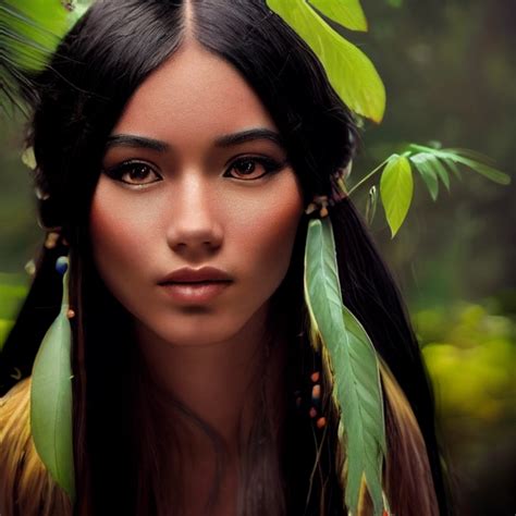 Native Woman Long Flowing Black Hair Symmetrical Midjourney Openart