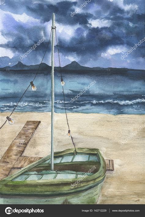 Aquarell Sommerdruck Mit Meereslandschaft Und Altem Boot Handgemalter