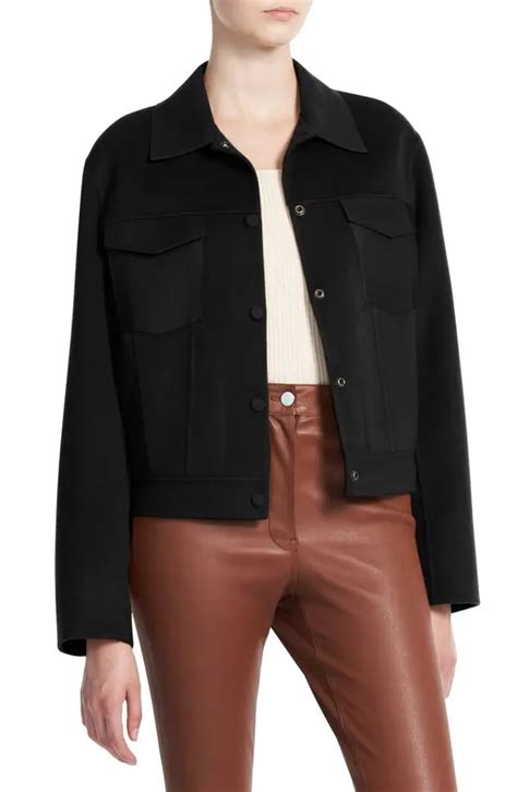 Theory Leather Trim Wool And Cashmere Trucker Jacket Black Editorialist