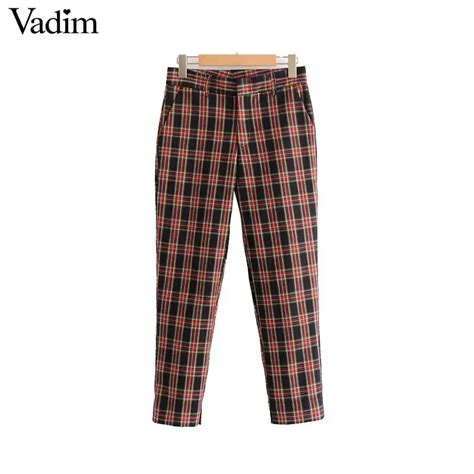 Vadim Women Cozy Basic Plaid Pants Checkered Pockets Zipper Fly Vintage Ladies Chic Ankle Length