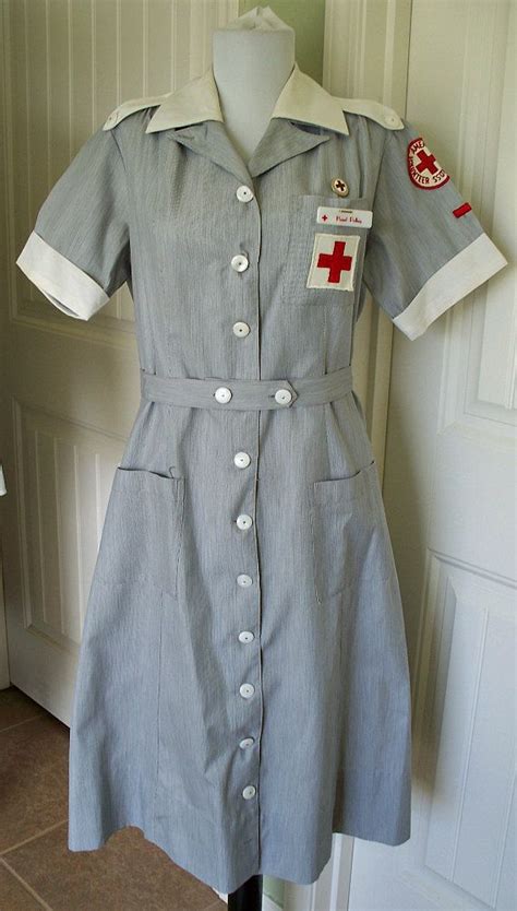 Vintage Wwii 40s 50 S American Red Cross Volunteer Nurse Uniform Dress Red Cross Button And