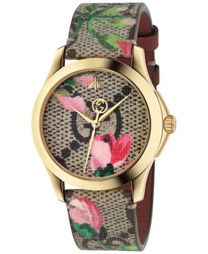 Gucci G Timeless Swiss Quartz Pink Blooms Leather Strap Ladies Watch