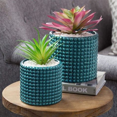 Set Of 2 Dark Turquoise Ceramic Hobnail Textured Flower Planter Pots