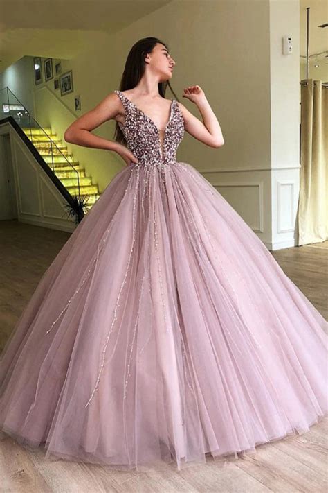 Beaded And Tulle Deep Illusion V Neck Ball Gown Mauve Prom Dressmp502