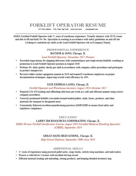 Forklift Operator Resume Sample And Tips Resume Genius