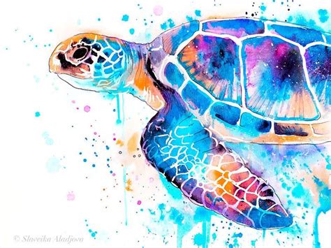 Blue Sea Turtle Watercolor Painting Print By Slaveika Etsy