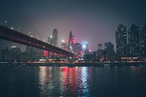 Chongqing China Sky Bridge River Skyscraper Night Lights Water